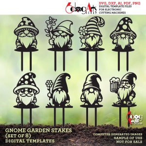 8 plantillas digitales de estacas para plantas de jardín de gnomos Archivos vectoriales SVG DXF GlowForge Madera Metal Corte láser Descarga instantánea JH-453