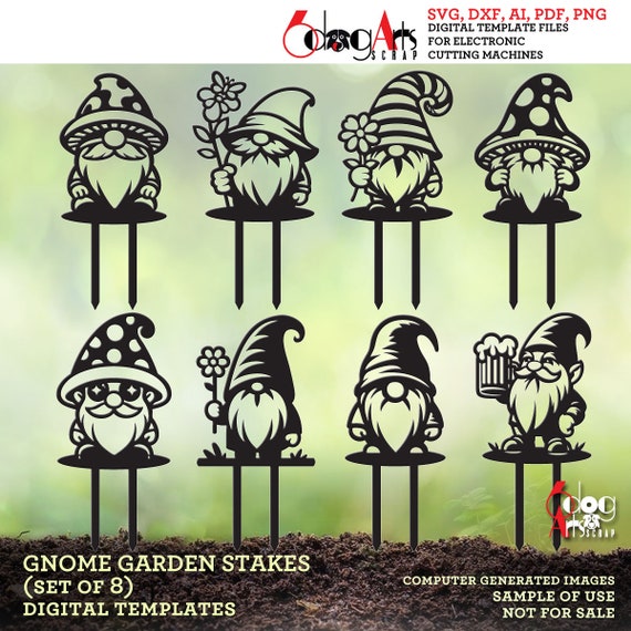 8 Gnome Garden Plant Stake Digital Templates Vector SVG DXF Files GlowForge Wood Metal Laser Cutting Instant Download JH-453
