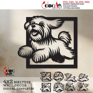 May include: A digital template for a Maltese dog wall decor. The template is in black and white and shows a Maltese dog running. The template is available in SVG, DXF, AI, PDF, and PNG formats. The template is for use with electronic cutting machines.
