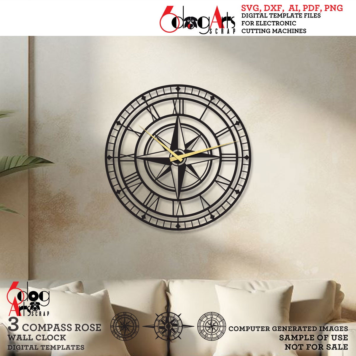 3x Compass Rose Wall Clock SVG DXF Templates Digital Vector Files ...
