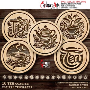 16 Tea Coaster Trivet Wall Decor Templates Digital SVG DXF Files Laser Cutting and Engraving GlowForge Score & Cut Instant Download JH-412