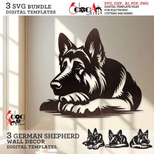Pode incluir: Modelo digital a preto e branco de um cão Pastor Alemão em repouso. A imagem inclui o texto "3 SVG BUNDLE DIGITAL TEMPLATES" e "3 GERMAN SHEPHERD WALL DECOR DIGITAL TEMPLATES". Também inclui o texto "SVG, DXF, AI, PDF, PNG DIGITAL TEMPLATE FILES FOR ELECTRONIC CUTTING MACHINES".