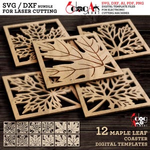 May include: A digital template bundle for laser cutting featuring 12 square maple leaf coaster designs. The files are provided in SVG, DXF, AI, PDF, and PNG formats. The image displays four wooden square coasters with intricate maple leaf cutouts.