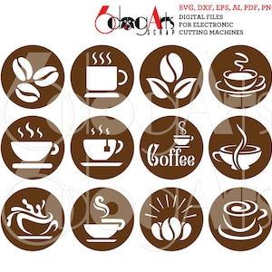 May include: Twelve brown circle icons with white coffee cup designs. The icons include coffee beans, steam, a cup of coffee with a tea bag, and the word "Coffee".