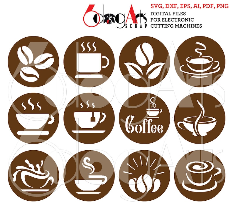 May include: Twelve brown circle icons with white coffee cup designs. The icons include coffee beans, steam, a cup of coffee with a tea bag, and the word "Coffee".