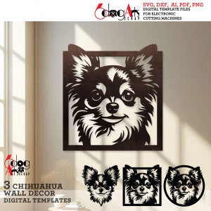 3 Chihuahua Hund Wand Dekor Digitale Vorlagen SVG DXF Dateien Sofortiger Download Laser Glow Schmiede cnc Fräser Cricut Metall Papier schneiden JH-538