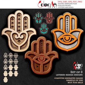 Könnte beinhalten: Set aus drei übereinanderliegenden Hamsa-Designs in Braun, Orange und Weiß mit einem blauen Auge. Die Designs sind digitale Vorlagen für elektronische Schneidemaschinen. Der Text "Set of 3" und "Layered Hamsa Designs" ist auf dem Bild sichtbar. Der Text "Computer Generated Images" ist auf dem Bild sichtbar. Der Text "Sample of Use" ist auf dem Bild sichtbar. Der Text "Not for Sale" ist auf dem Bild sichtbar.