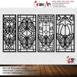 4 modèles de cloison de séparation d'écran de porte de grill papillon Fichiers numériques Svg Dxf Laser Cricut Glow Forge Découpe plasma CNC JB-1815