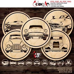 9 antieke auto onderzetter onderzetter muur decor gravure sjablonen vector digitale SVG DXF-bestanden download cnc lasersnijden GlowForge JH-218