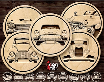 9 Antique Car Coaster Trivet Wall Decor Engraving Templates Vector Digital SVG DXF Files Download cnc Laser Cutting GlowForge JH-218