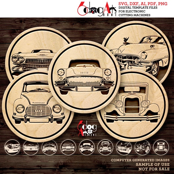 9 Antique Car Coaster Trivet Wall Decor Engraving Templates Vector Digital SVG DXF Files Download cnc Laser Cutting GlowForge JH-218