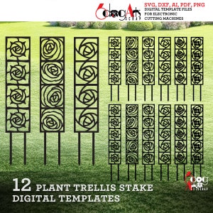 12 Art Deco Glasgow Rose Plant Trellis Stake Templates Vector Digital SVG DXF Files GlowForge Laser Cutting Cricut Maker Pobierz JH-450