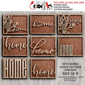 8 modèles de décoration murale pour la maison, contour de l'État du Wyoming, fichiers DXF SVG vectoriels numériques GlowForge, découpe laser Cricut, téléchargement JH-373
