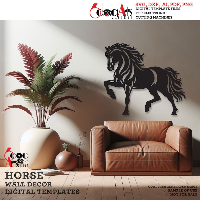 May include: Black silhouette of a horse with its front leg raised, ready to run. The horse is against a white wall in a living room setting with a brown leather couch and a potted plant. The image includes the text "HORSE WALL DECOR DIGITAL TEMPLATES".