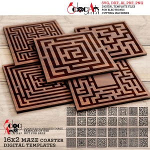16x2 Labyrinth Untersetzer Untersetzer Vorlagen Vektor Digitale SVG DXF Dateien cnc Lasercutting GlowForge Cricut Maker Sofort-Download JH-156