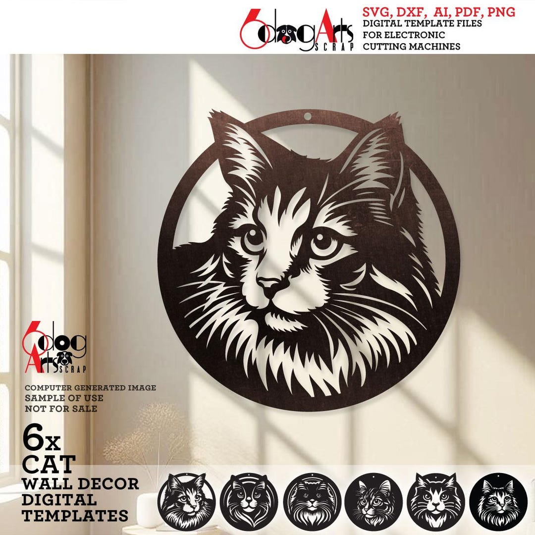 6x Bundle Cat Portrait SVG DXF Vector Files Wall Decor Digital ...