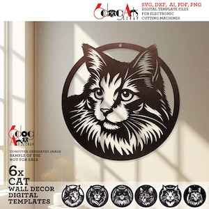 6 x bundel kat portret SVG DXF vectorbestanden muur decor digitale sjablonen downloaden voor lasersnijden cnc router Glow Forge Cricut JH-680