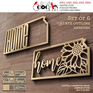 Może przedstawiać: Zestaw sześciu cyfrowych plików do cięcia dla elektronicznych maszyn do cięcia. Pliki przedstawiają zarys stanu Kansas z napisem "home" w ozdobnej czcionce. Niektóre projekty zawierają słonecznik.