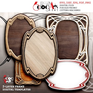 Plantilla de marco en capas Art Nouveau con dos archivos SVG y DXF digitales para descargar madera, cartón, vinilo, corte por láser, GlowForge, Cricut JH-181