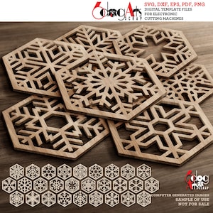 28 Weihnachten Schneeflocke Sechseckigen Untersetzer Topfuntersetzer Vorlagen Vektor Digitale SVG DXF-Dateien Download GlowForge Laser Cut Cricut JB-1844