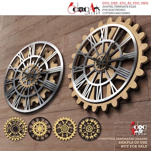 Puede incluir: Dos grandes esferas de reloj decorativas de metal y madera con números romanos. Las esferas del reloj están rodeadas de engranajes. La imagen también muestra cuatro versiones más pequeñas de la esfera del reloj en negro y marrón.