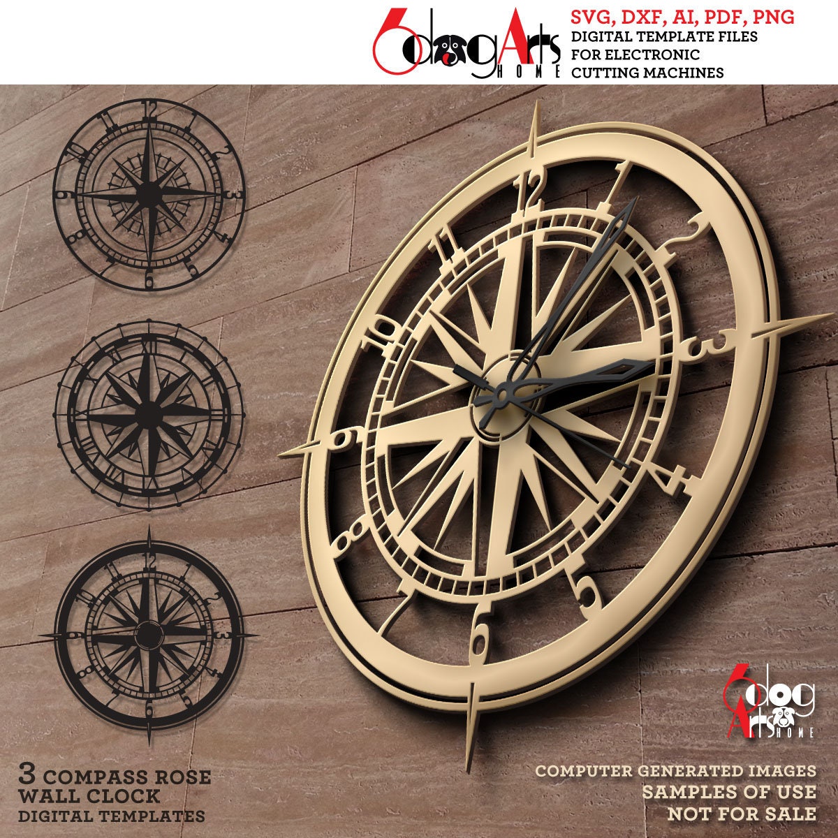 3x Compass Rose Wall Clock SVG DXF Templates Digital Vector Files ...