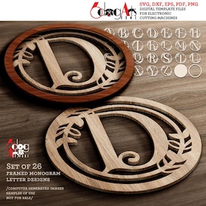 26 Gerahmte Monogramm Vorlagen Vollständiges Alphabet Digitale Vektor-DateienSvg Dxf Sofortiger Download GlowForge Laser Cricut Schneiden CNC JH-044