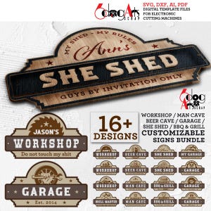 Peut inclure: Un ensemble de 16 designs de panneaux en bois personnalisables pour un atelier, une salle de jeux, une cave à bière, un garage, un abri de jardin ou un barbecue et un grill. Les designs présentent une variété de styles et incluent des textes tels que "Atelier", "Salle de jeux", "Cave à bière", "Garage", "Abri de jardin", "Barbecue et grill" et "Maître du grill".