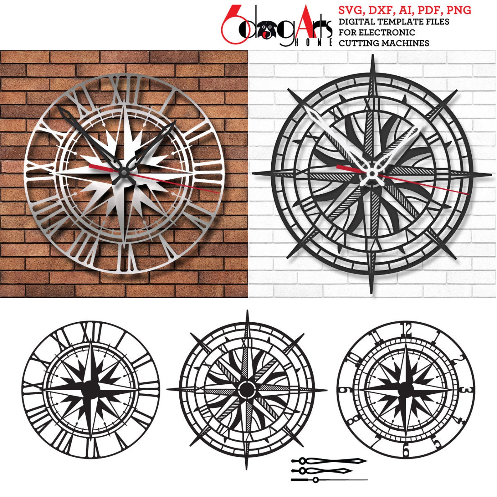 3x Compass Rose Wall Clock SVG DXF Templates Digital Vector Files ...
