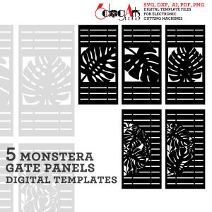 May include: Five black and white digital templates for cutting machines featuring monstera leaf designs. The templates are labeled "5 Monstera Gate Panels Digital Templates".