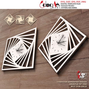 May include: Two wooden clock designs with a geometric pattern. The clocks are square and have a white background with black hands. The designs are layered and create a 3D effect. The clocks are on a brown wooden background.