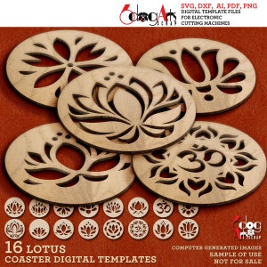 16 okrągłych szablonów ściennych do dekoracji jogi Lotus Coaster Trivet Wektorowe pliki cyfrowe SVG DXF do pobrania Cięcie laserowe GlowForge Cricut Maker JH-604