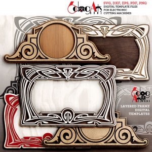 Plantilla de marco en capas Art Nouveau Archivos SVG DXF digitales vectoriales para corte de vinilo, cartón y madera GlowForge Cricut Corte con láser con cuchillo JH-61n
