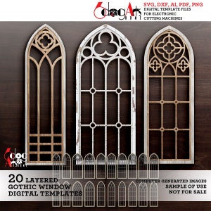 Könnte beinhalten: Drei mehrschichtige digitale Vorlagen für gotische Fenster in Holz und Weiß mit aufwendigen Designs. Das Bild enthält den Text "SVG, DXF, AI, PDF, PNG DIGITAL TEMPLATE FILES FOR ELECTRONIC CUTTING MACHINES" und "20 LAYERED GOTHIC WINDOW DIGITAL TEMPLATES".