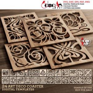 Puede incluir: Un conjunto de posavasos de madera cortados con láser con diseños Art Déco. Los posavasos presentan intrincados patrones florales y geométricos. La imagen incluye una variedad de diseños de posavasos y el texto "24 Art Deco Coaster Digital Templates".