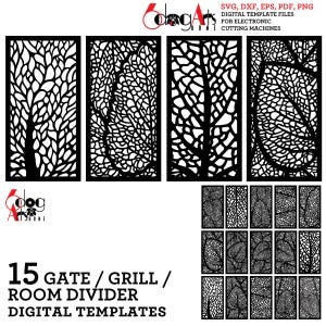 Op de afbeelding: Zwarte digitale sjablonen voor poorten, roosters en room dividers. De ontwerpen bevatten ingewikkelde boom- en bladpatronen. De afbeelding bevat de tekst "SVG, DXF, EPS, PDF, PNG DIGITAL TEMPLATE FILES FOR ELECTRONIC CUTTING MACHINES" en "15 GATE / GRILL / ROOM DIVIDER DIGITAL TEMPLATES."