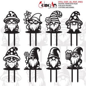 May include: Set of ten black and white silhouette SVG cut files of gnomes with different accessories, including a flower, a beer mug, and a hat. The gnomes are standing on a single stem with two prongs at the bottom.