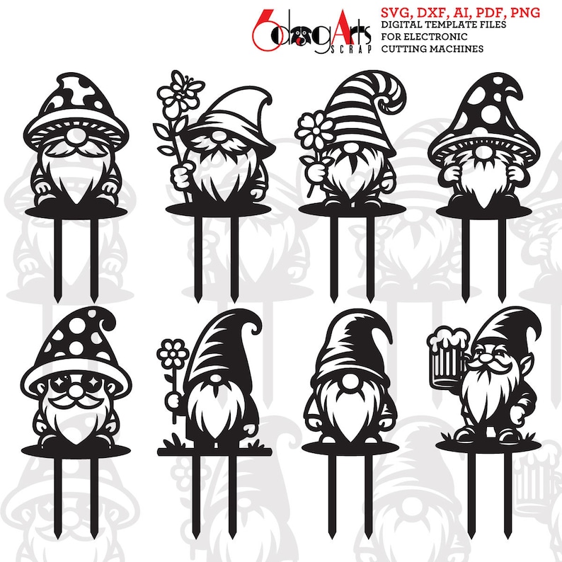 May include: Set of ten black and white silhouette SVG cut files of gnomes with different accessories, including a flower, a beer mug, and a hat. The gnomes are standing on a single stem with two prongs at the bottom.