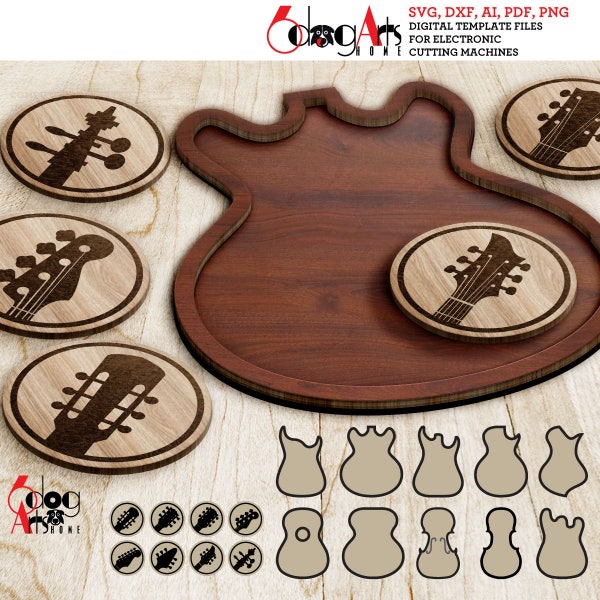 Music Layered SVG DXF Templates - Guitar, Violin Tray, Coaster Digital Files Download Laser GlowForge Cricut Cutting Engraving JH-436