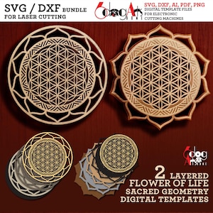 Könnte beinhalten: Eine Sammlung von lasergeschnittenen SVG/DXF-Digitalvorlagen mit dem Design der Blume des Lebens, einer heiligen Geometrie. Die Vorlagen sind in verschiedenen Farben und Stilen erhältlich, einschließlich mehrschichtiger Designs. Der Text "SVG/DXF Bundle for Laser Cutting" ist enthalten.