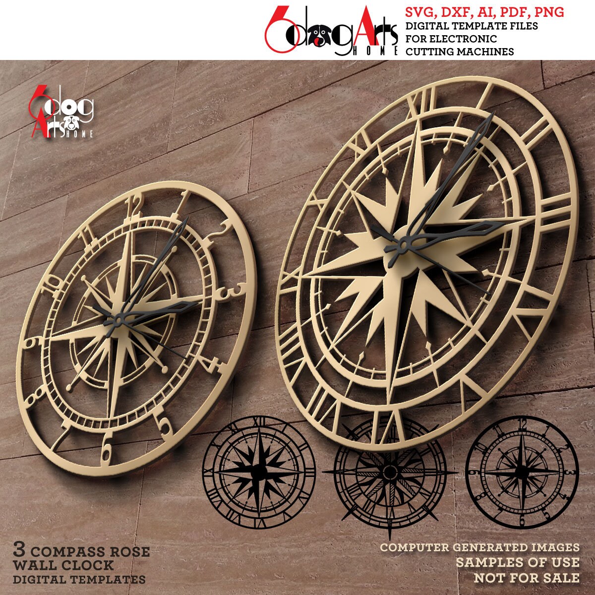 3x Compass Rose Wall Clock SVG DXF Templates Digital Vector Files ...