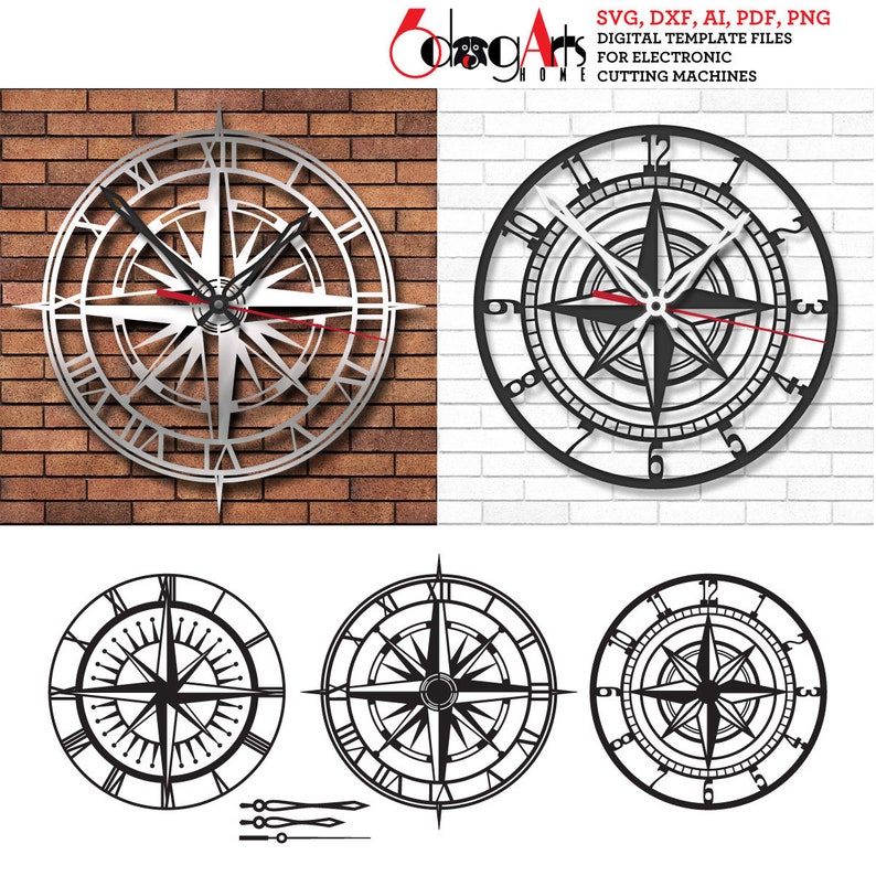 3x Compass Rose Wall Clock SVG DXF Templates Digital Vector Files ...