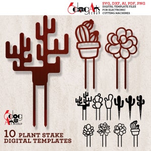 10 Cactus Garden Trellis Stake Digital Templates Vector SVG DXF Files GlowForge Wood Metal Laser Cutting Instant Download JH-060