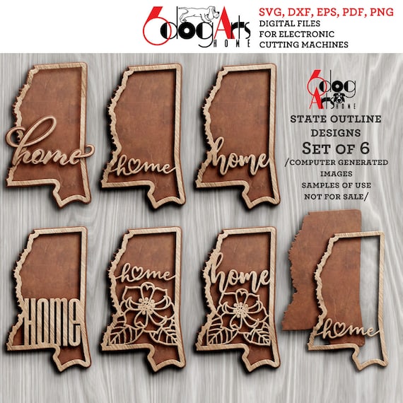 6 Mississippi State Outline Home Wall Decor Layered Templates Vector Digital SVG DXF Files GlowForge Laser Cutting Cricut Download JH-106