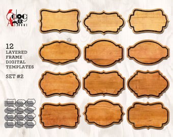 May include: Twelve layered frame digital templates for electronic cutting machines. The templates are in a woodgrain pattern with a black outline. The templates are in various shapes and sizes.
