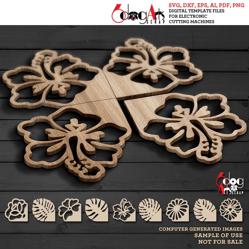 9 Floral Hibiscus Monstera Rose Puzzle Coaster Trivet Templates Vector ...