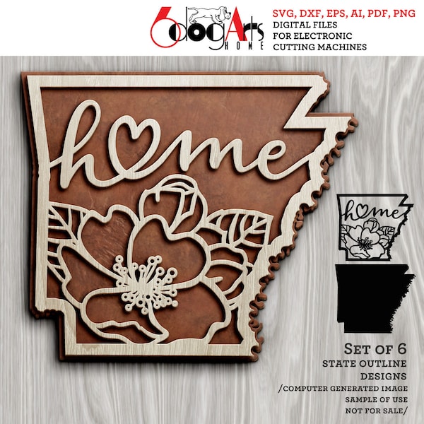 6 Arkansas State Outline Home Wall Decor Layered Templates Vector Digital SVG DXF Files GlowForge Laser Cutting Cricut Download JH-414