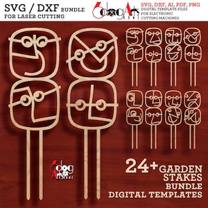 May include: A bundle of digital templates for laser cutting, featuring stylized wooden garden stakes with various face designs. The image includes text that reads "SVG/DXF Bundle" and "24+ Garden Stakes Bundle".