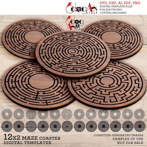 12 Labyrinth Untersetzer Untersetzer Vorlagen Vektor Digitale SVG DXF Dateien cnc Lasergravur GlowForge Cricut Maker Sofort-Download JH-155