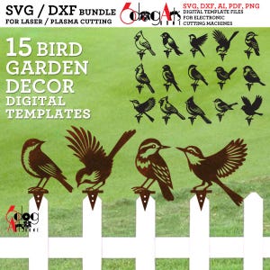 May include: A set of 15 bird garden decor digital templates for laser and plasma cutting. The image displays various bird silhouettes in a brown hue, designed for placement on a white picket fence. Text includes "SVG/DXF Bundle" and "Digital Template Files".